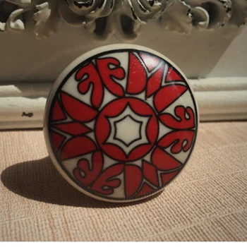 One Piece Red Floral Printed Kitchen Furniture Handles Drawer Knobs Ceramic Cabinets Cupboard Pull Dia38mm