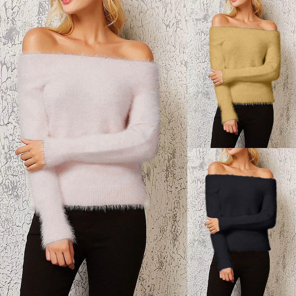 Women Winter Acrylic Off Shoulder Pullover Womens Sweater Knitted Sweater Women Long Sleeve Loose Jumpers Sweater 8.19