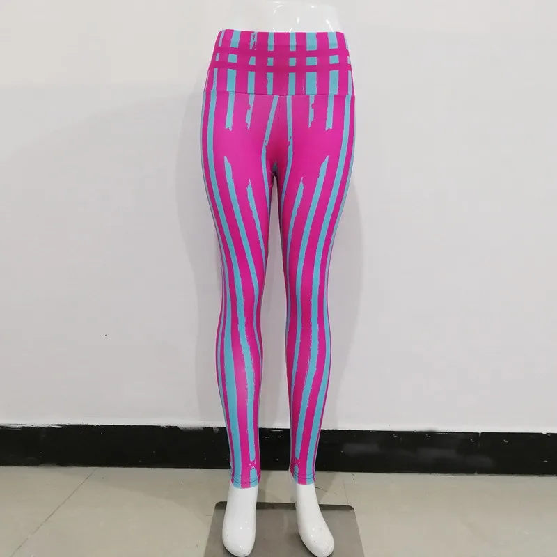 Горячие европейские и американские сексуальные розовые синие абстрактные линии печати Фитнес Высокая талия дна леди брюки леггинсы