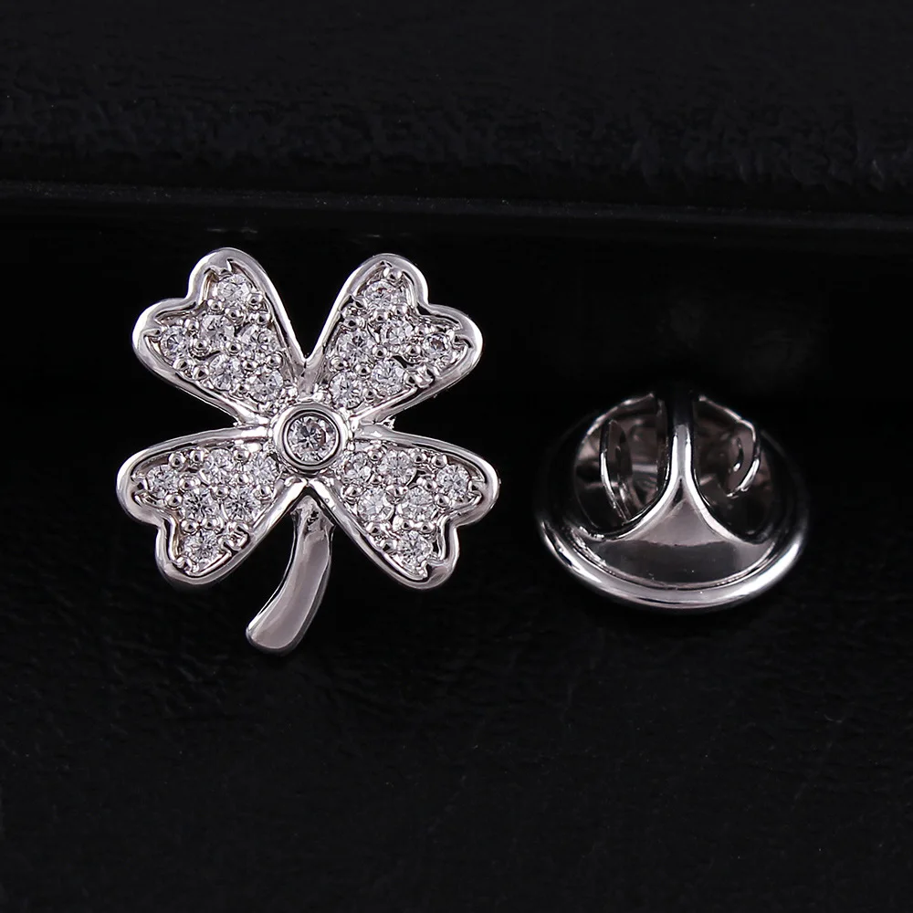 

Micro Zircon Clover Men Brooch Small Collar Pin Top Grade Women's Crystal Shirt Collar Button Brothers Needle 1099