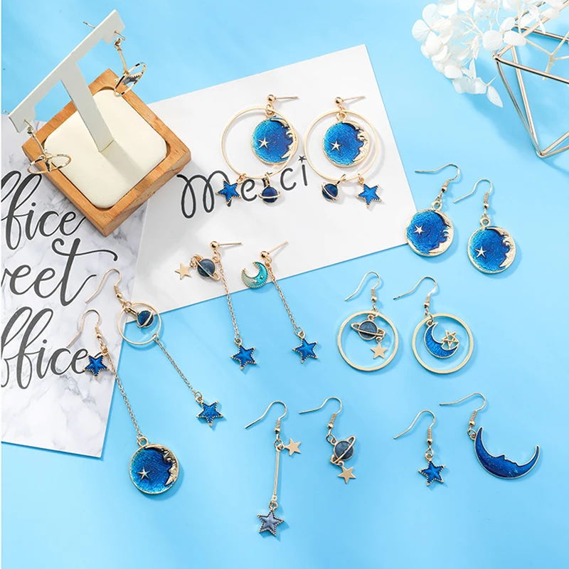 New Fashion Blue Space Universe Moon Star Earrings For Women Gold Color Universe Planet Circle Asymmetry Long Earrings - Image 2