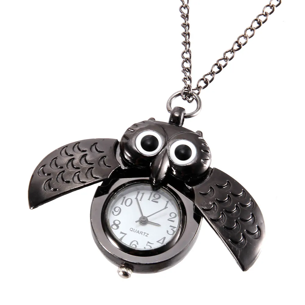 Las mujeres de bolsillo Vintage reloj de cuarzo reloj de cadena de frío lindo cubierta del búho relojes JRDH889