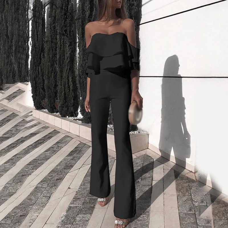 

Womens Jumpsuits Evening Solid Fashion Strapless Trousers Off Shoulder Overalls Ruffles Playsuits Casual