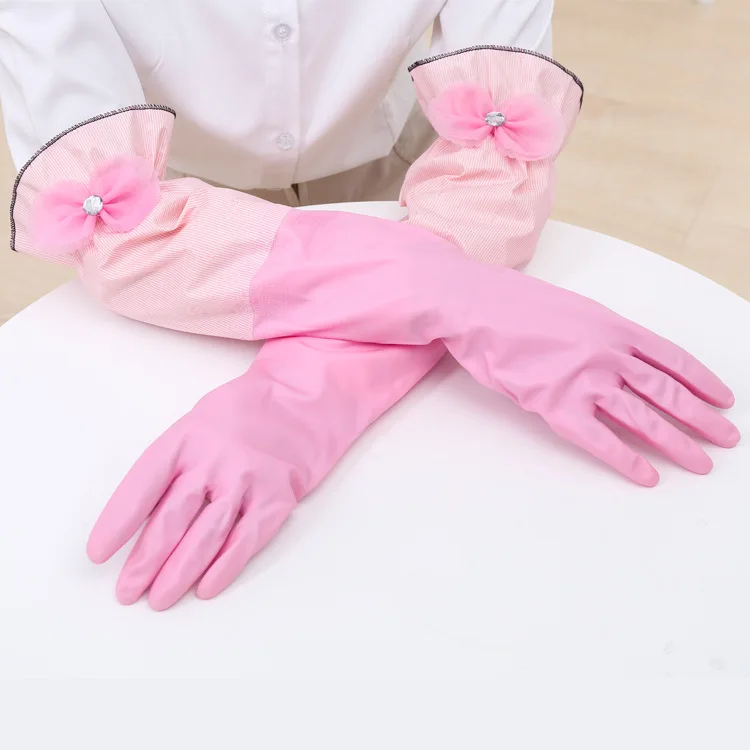 

Shu Mrs. Drawstring Top plus Velvet Warm Kitchen Cleaning Brush a Bowl Laundry Rubber Gloves Patented-Bow Rubber