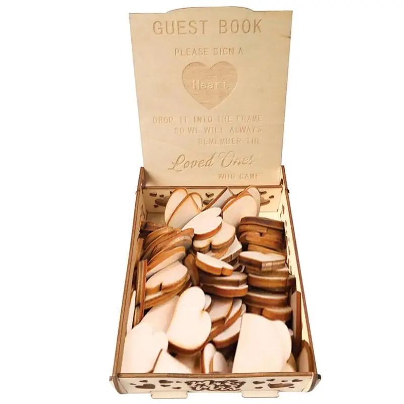 Retro Wooden Guest Book Wooden Wedding Signature Box Heart Shape Wood Pieces Storage Box(Not Contain Heart-Shape Blocks)