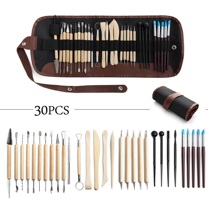 DIY Clay Pottery Tool Set Drill Pen Ceramics Sculpting Carving knife Sculpture Craft Wooden Handle Modeling Kit 30pcs