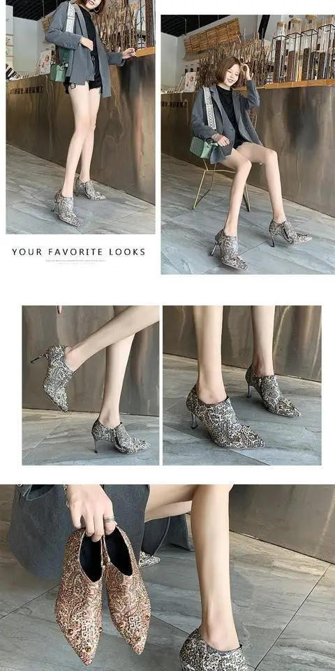 Женская обувь с низким берцем Новинка г., высокий металлический декор, искусственный короткий плюш, глубокий носок, резиновая молния, тонкий каблук