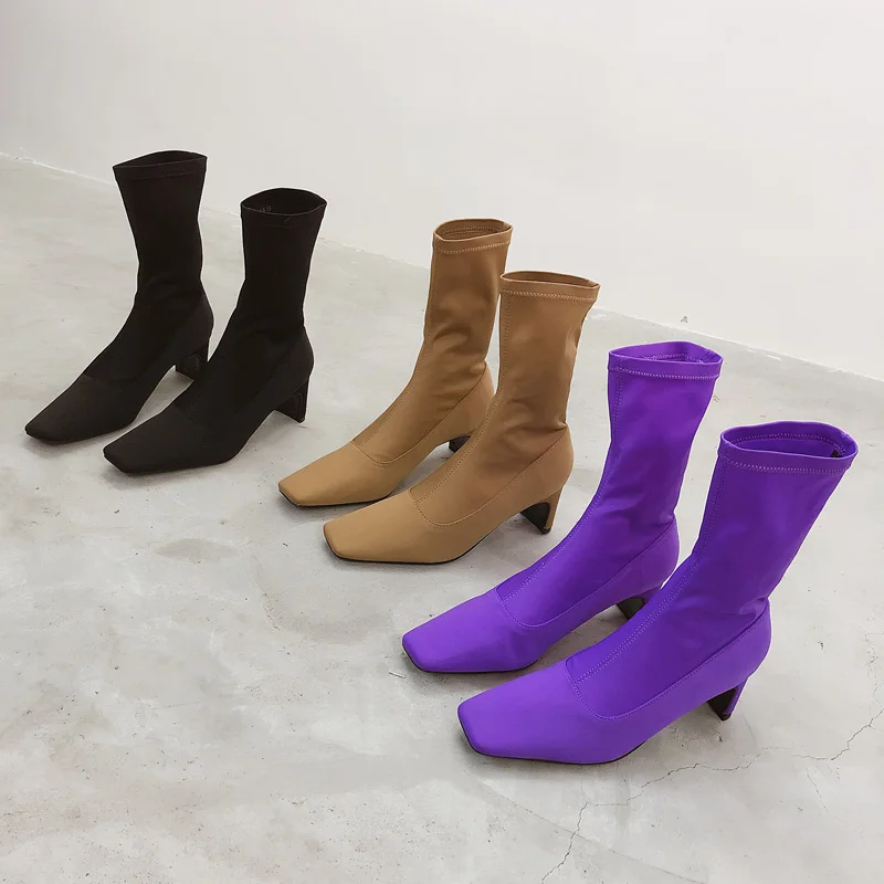 Эластичные Сатиновые сапожки на высоком каблуке; женские Ботинки martin duck botines mujer с квадратным носком; коллекция года; дизайнерские зимние ботинки «Челси» средней длины; новые носки