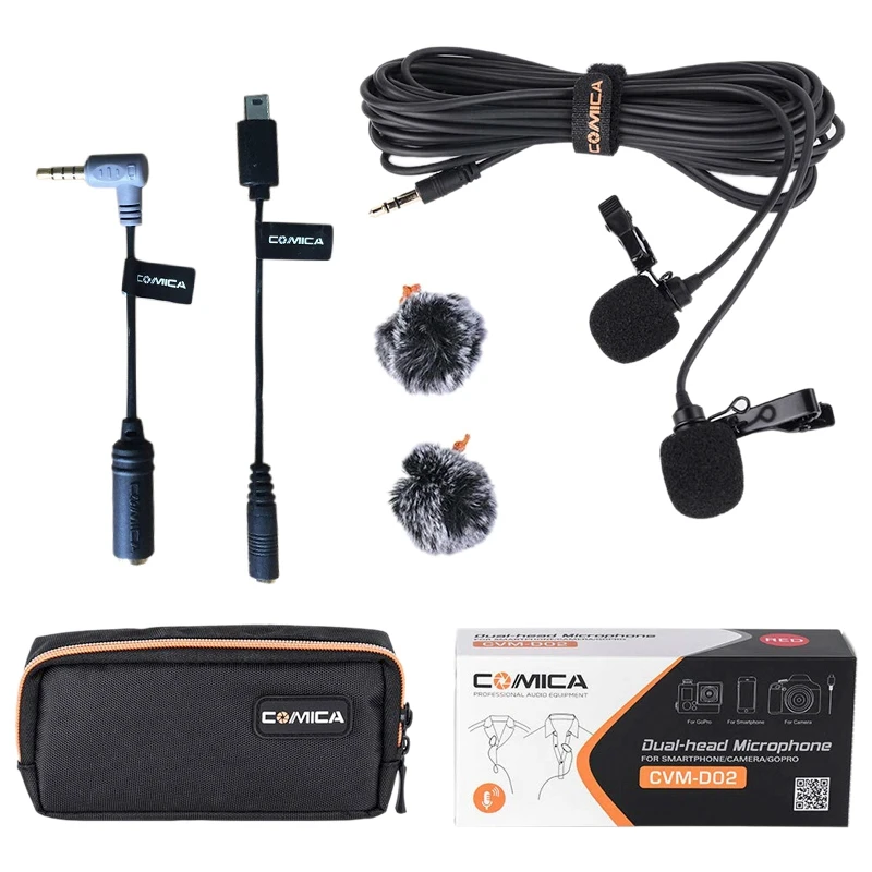 Comica CVM-D02B с двумя головками петличный микрофон Lavalier для Canon Nikon sony A7 A6300 камера/для Iphone 6 6plus смартфон/для G