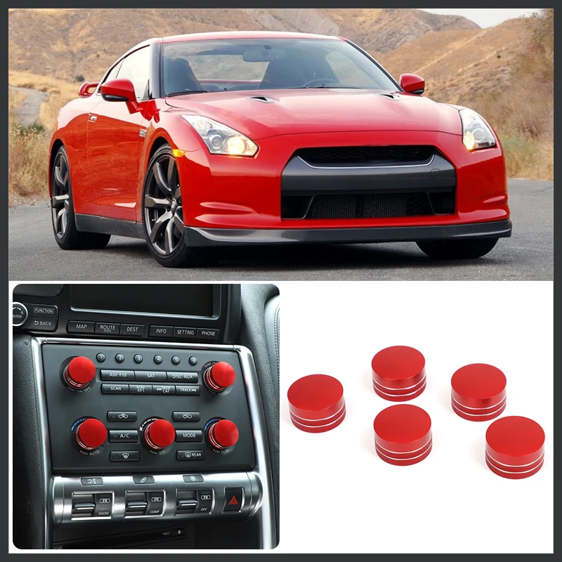 

For Nissan GTR 2008-2016 5pcs Aluminum Alloy Red Car Air Conditioner Volume Knob Cover Decorative Ring Auto Interior Accessories