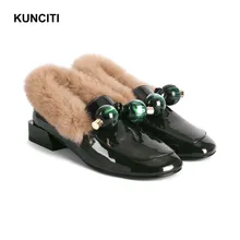 KUNCITI/Женская обувь на плоской подошве из лакированной кожи; женская зимняя теплая обувь в европейском стиле; большие размеры 34-42; обувь на плоской подошве с кроличьим мехом; F9171