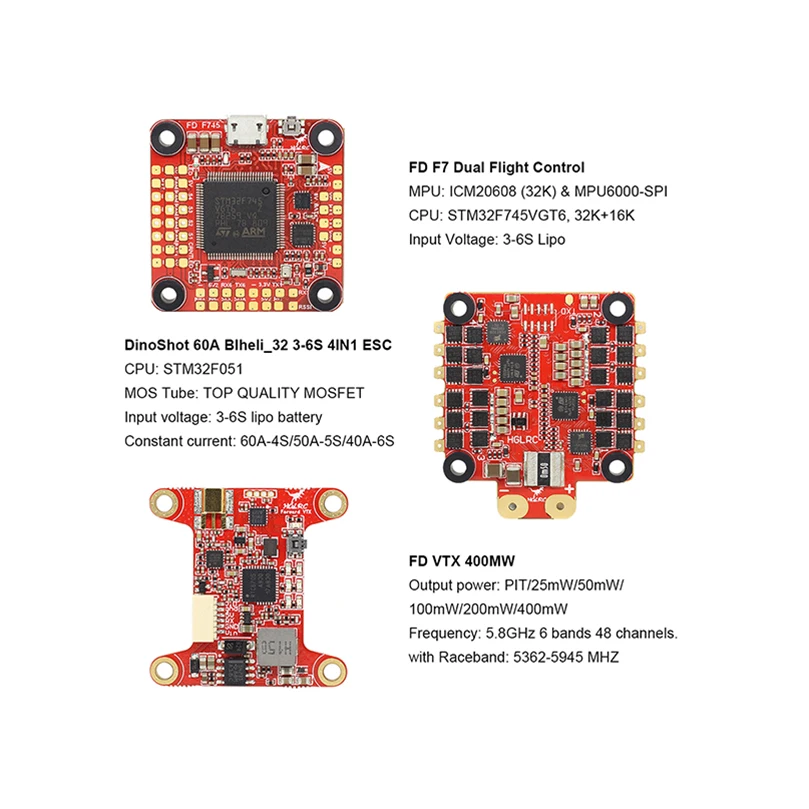 HGLRC FD F7 Dual 60A 3-6S BL32 4втх 400 МВт стек управления полетом и DinoShot 60A Blheli_32 3-6S 4в1 ESC& FD VTX для радиоуправляемого дрона