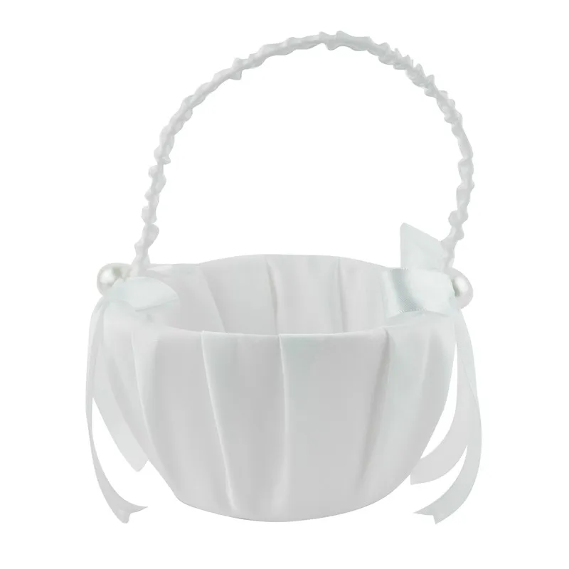 

Romantic White Satin Bowknot PEARL Flower Girl Basket Wedding Ceremony Party