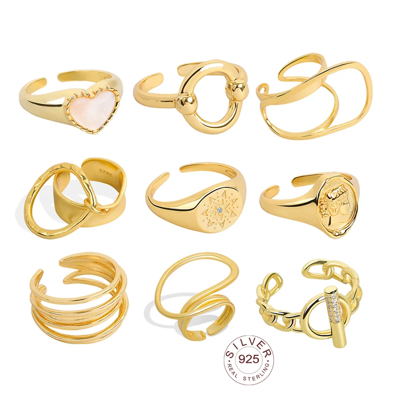 925 Sterling Silver New Simple Flower Eye Gold Color Rings Retro