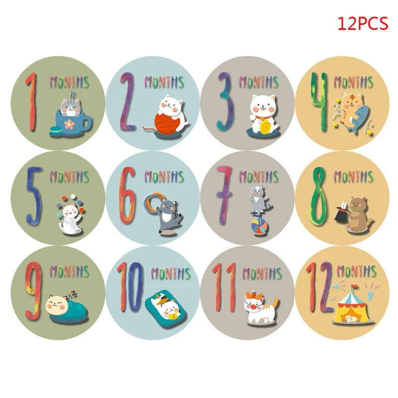 

12 Pcs Baby Pregnant Monthly Stickers Cat Pattern Recording Milestone Sticker 2020 2021 New