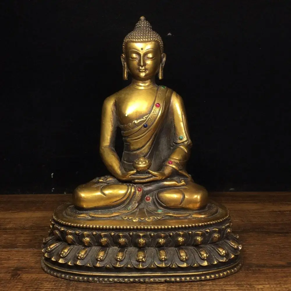 

11" China Fortune Collection bronze Set with gems Buddha Shakyamuni Buddha Statue Shakyamuni statue Three Saints in the West
