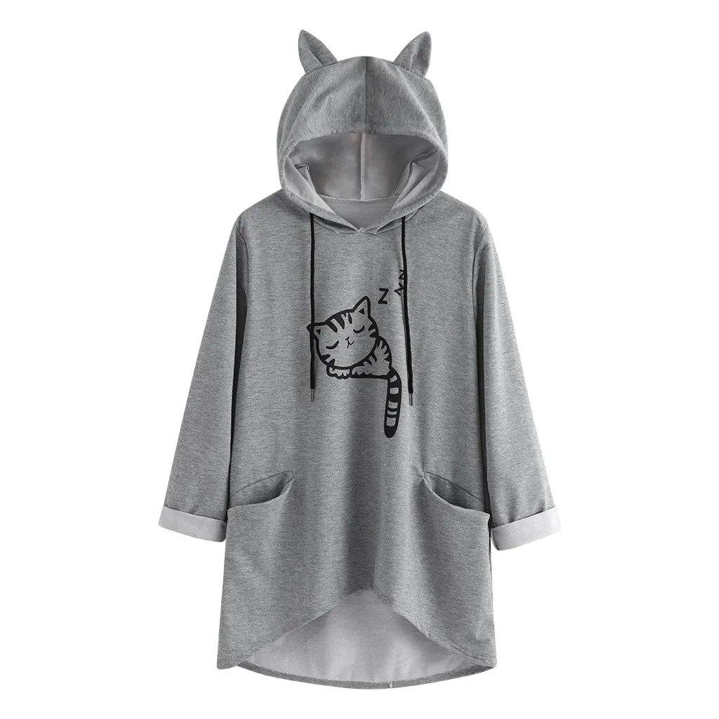 Kawaii толстовки с капюшоном с кошачьими ушками для кошек, свитшот большого размера, женские толстовки с капюшоном, большие размеры d, Необычные Карманы, розовый, серый топ, блузка, пуловер