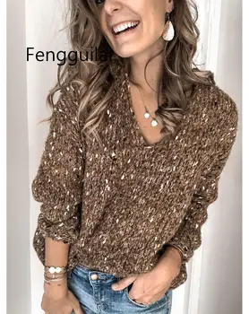 

Elegant Women Sweaters Patchwork Design V-Neck Long Sleeve Solid Color Autumn Winter Casual Pullovers Knitted Top For Streetwear