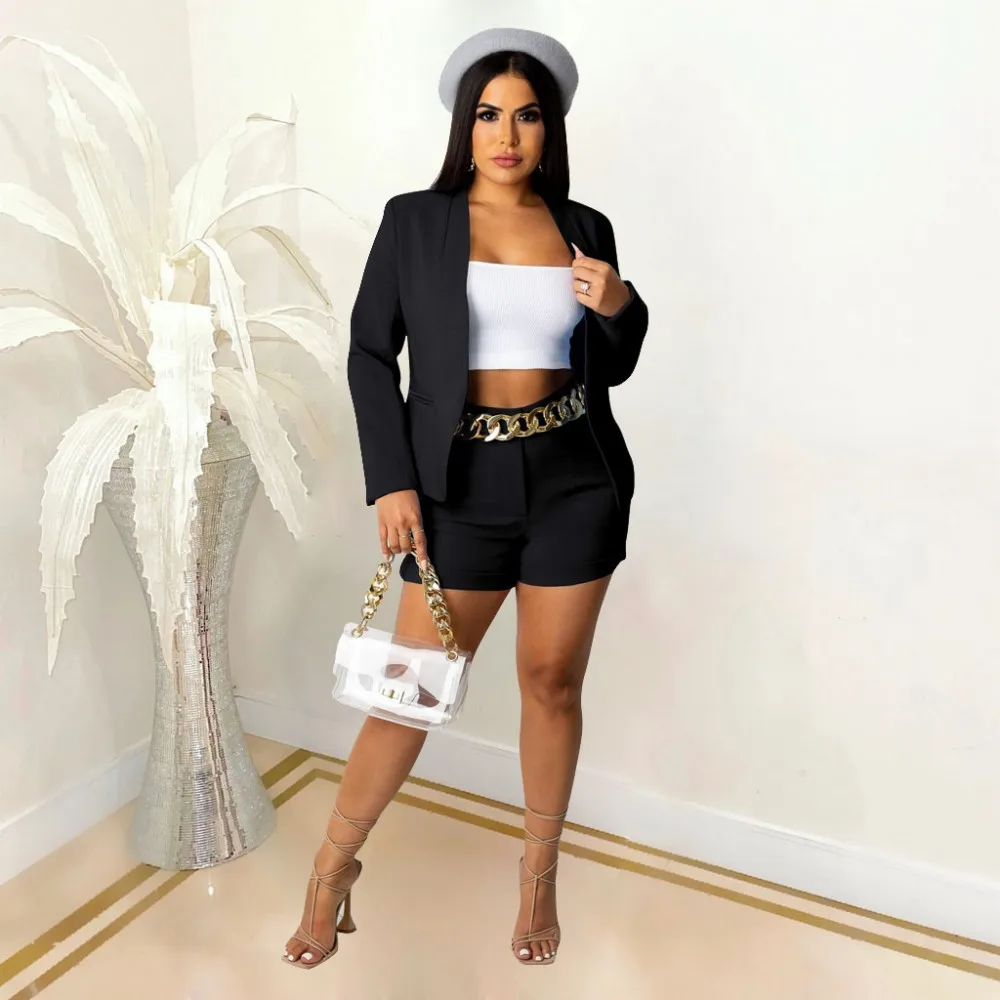 Women Two Piece Outfits 2021 Autumn New Fashion Suit Solid Color Long Sleeve Jacket Casual Shorts 2 Piece Female Matching Set