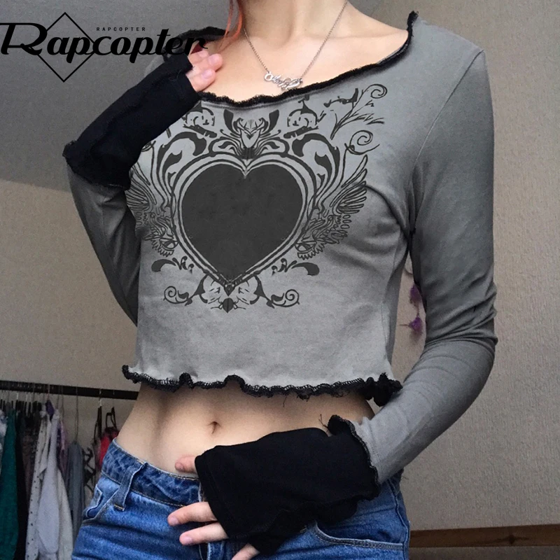 Футболка с принтом Rapcopter y2k гранж Fairycore короткий топ контрастные пуловеры длинным