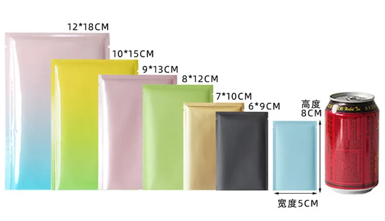 200개 무광 오픈탑 알루미늄 호일 백 DIY 맞춤형 로고 설탕 가루 차 허브 초콜릿 버터 열 밀봉 포장 파우치