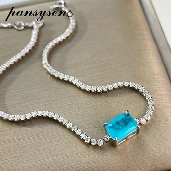 

PANSYSEN 100% 925 Sterling Silver Paraiba Tourmaline Simulated Moissanite Diamond Charm Bracelets Anniversary Party Fine Jewelry
