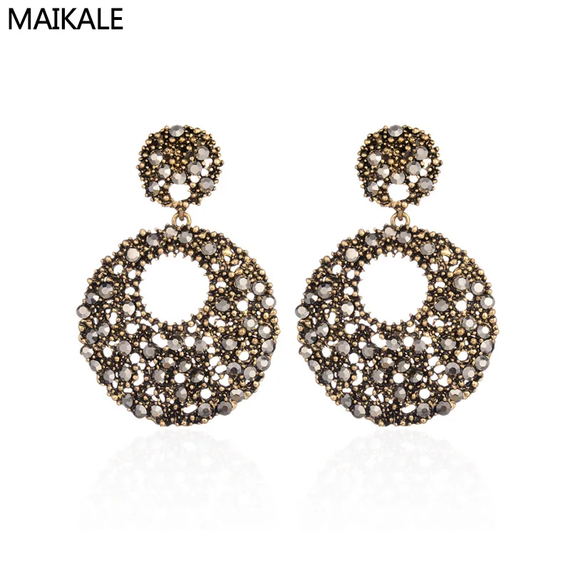 

MAIKALE Round Vintage Earrings Metal Stud Earrings Big Exaggerated White Black Rhinestone Long Earrings For Women Friend Gifts