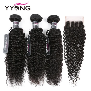 

Yyong Peruvian Kinky Curly Hair 3 Bundles With Lace Closure Human Hair Bundles With Closure 100% Human Hair Weave Extensions