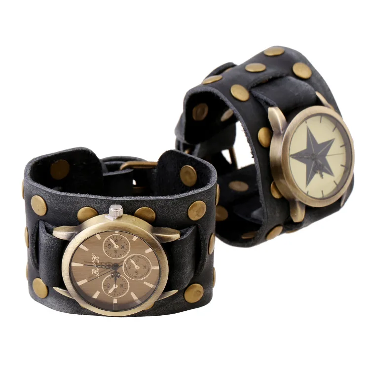 

leather atmosphere Bracelet Watch men's rivet head layer leather bracelet table