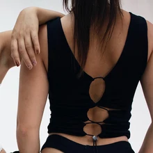 

2021 Solid V-neck Sleeveless Drawstring Fashion Slim Slim Navel Sports Casual Top Hollow Vest Women's Casual Sexy Streetwear