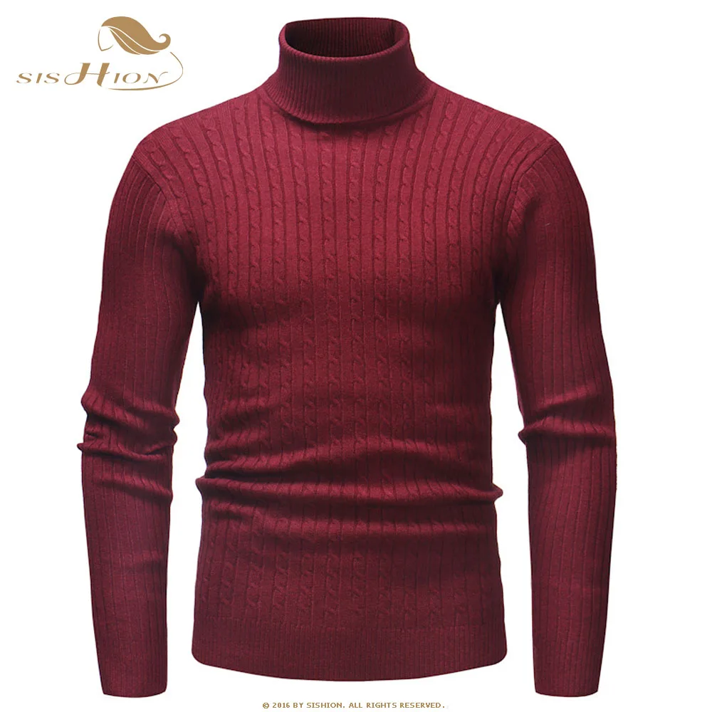SISHION Autumn Warm Turtleneck Sweater Men Fashion Solid Knitted Mens Sweaters QY0336 Casual Men Slim Pullover - Цвет: Red