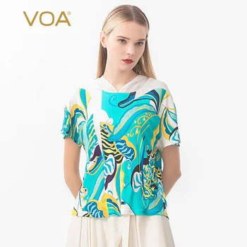 

Voa Printing Dyeing 33mm Double-sided Knitted Silk Short-sleeved Stitching Soft Stretch T-shirt B9223