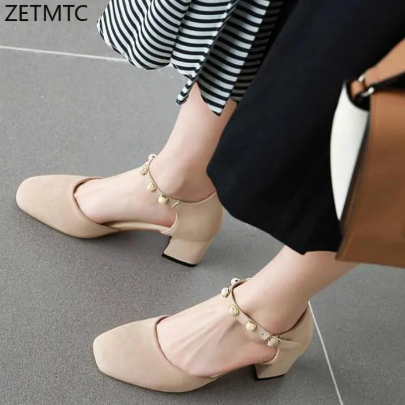 

5.5cm High heels sandals women 2020 spring summer Ankle Strap Buckle Strap Flock Toe wrap shoes woman sandals Square heel