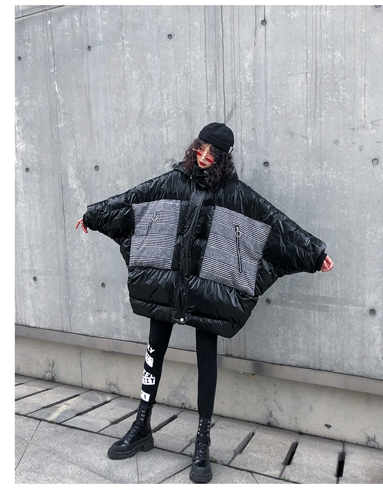 Клетчатые женские парки, модная куртка, новинка, женские зимние куртки, элегантные толстые Лоскутные карманы, свободные, с капюшоном, теплая куртка для женщин