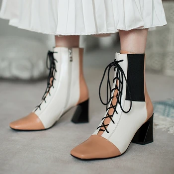

New Brand Autumn Shoes Fashion Square Toe Lace-up Genuine Leather Solid Nude Women Ankle Boots Thick Heel Shoes Causal Boots