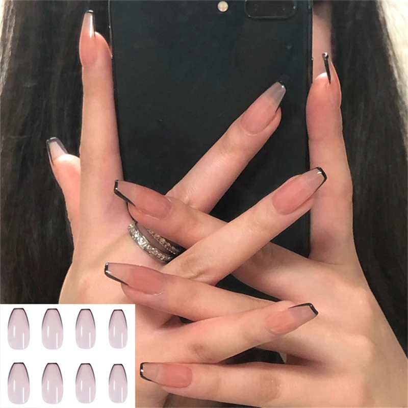 Uñas postizas francesas blancas y negras con diseño de Tai Chi, puntas de uñas  acrílicas, para extensión de manicura, 24 piezas|Uñas postizas| - AliExpress