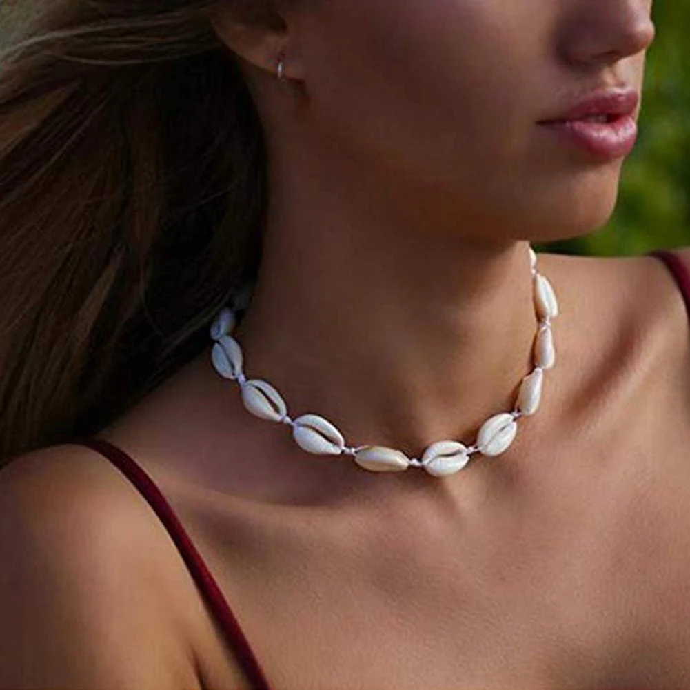 Collar de conchas de cauri mujer, Gargantilla tejida a mano, joyería playa hawaiana, novedad|Collares de cadena| -