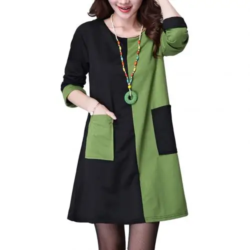 Black Green Новое модное женское платье с карманом, одноцветное, с длинным рукавом, круглый вырез, свободное, повседневное, Осень-зима, платье - Цвет: Black Green