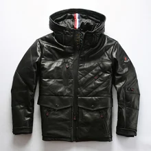 Новинка, Мужской Черный пуховик из натуральной кожи, модный, мульти-карман, с капюшоном, из овчины, кожаный пуховик, российские зимние пальто