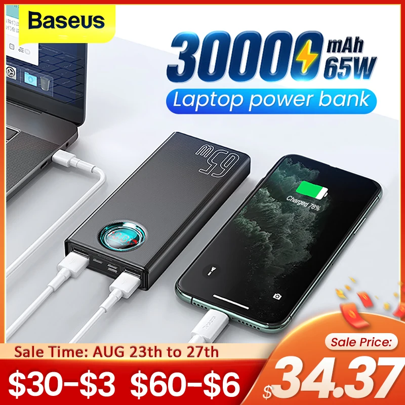 Hot Products! Baseus 65W Power Bank 30000mAh USB C PD Quick Charge 20000 Powerbank Portable External Battery Charger For iPhone Xiaomi Laptop