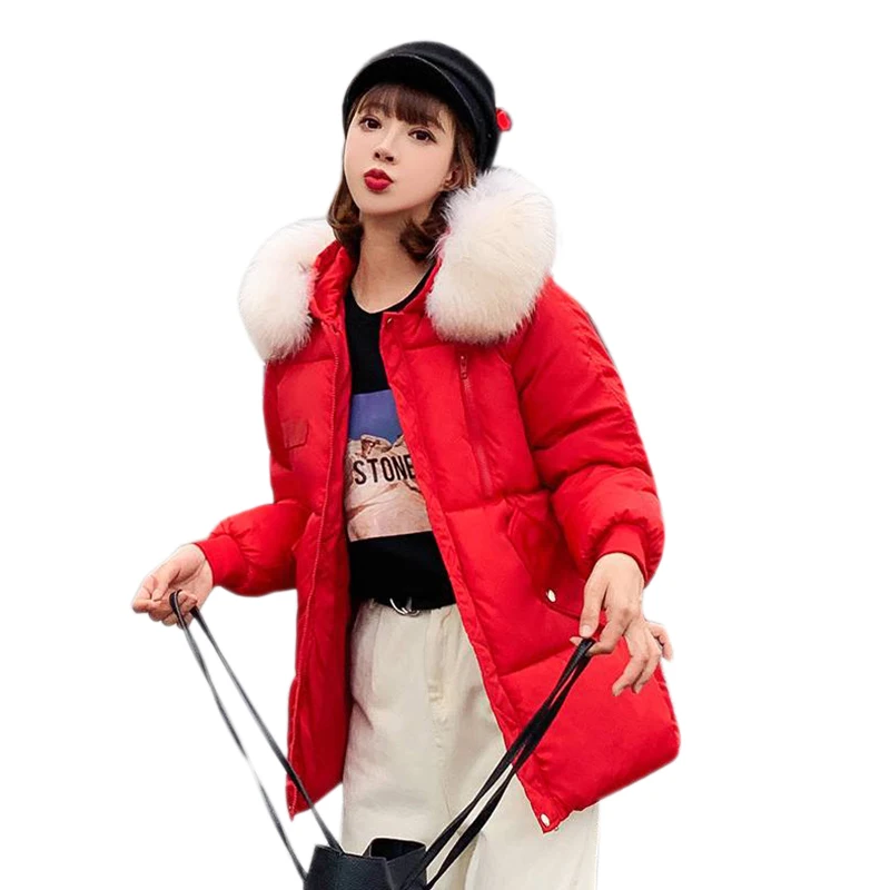 Winter Women Large Fur Collar Down Coat Wadded Jacket Female Padded Coats Women Thickening Parkas Y6 - Color: R