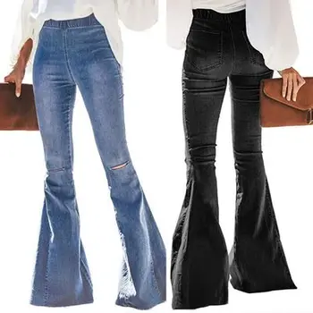 

Women High Elastic Waist Denim Jeans Knee Hole Flare Jean Ladies Casual Long Pants