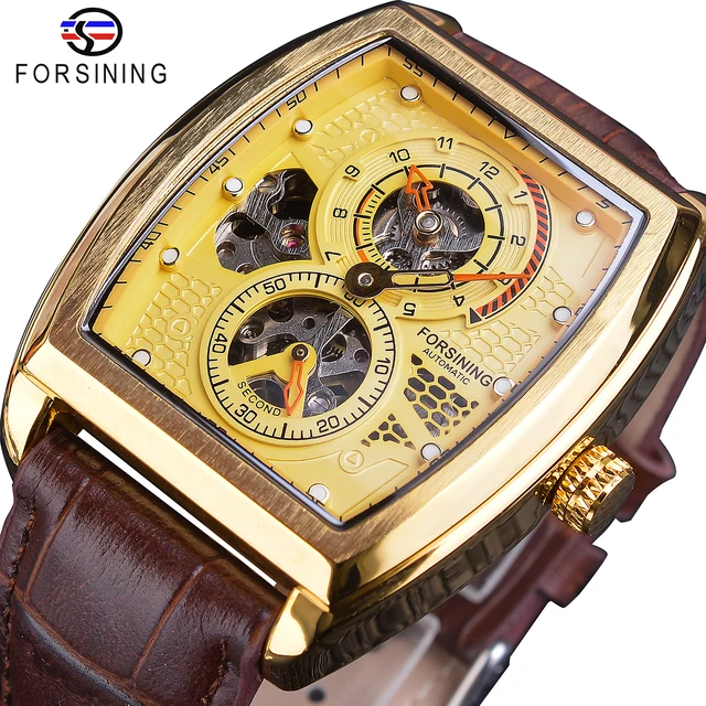 Forsining Black Dial Waterproof Automatic Mechanical Watch Skeleton Rectangle Military Watches With Bule Pointer Genuine Leather GMT1209-5