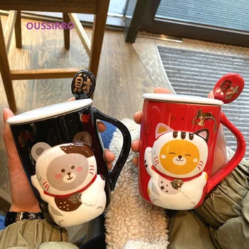 

OUSSIRRO Creative Style Lucky Kitty Cat milk coffee Tea Mugs With Spoon Suit Children Cute And Room Decoration Water Cups