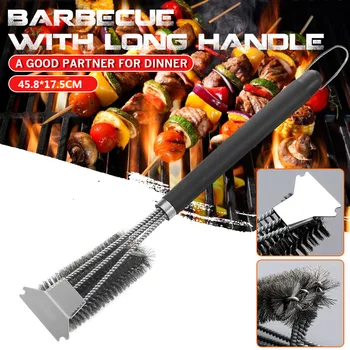 

Stainless Steel Barbecue BBQ Grill Brush Cleaning Brush Barbecue Net Home Kitchen Dining Bar BBQ Tool With Scraper 3 Brush Heads