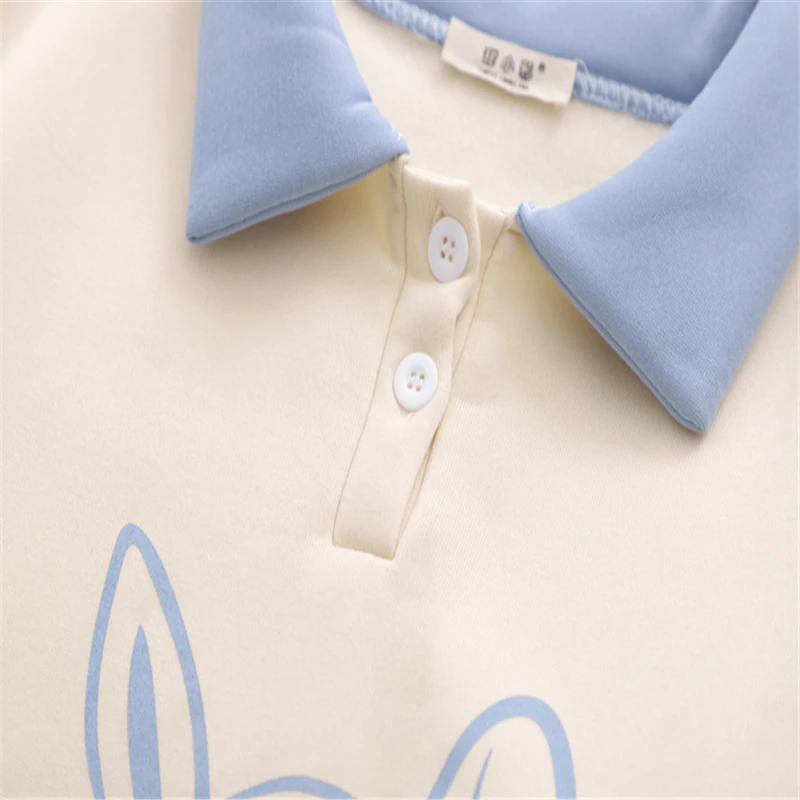Merry Pretty Women's Cartoon Rabbit Print Cute Hoodies Sweatshirts Winter Warm Ruffles Patchwork Turndown Collar Pullover