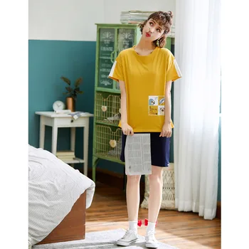 

New Products Pajamas Women's Summer Pure Cotton Short Sleeve Sweet Cute Cartoon Korean-style Students Homewear Set-Outer Wear