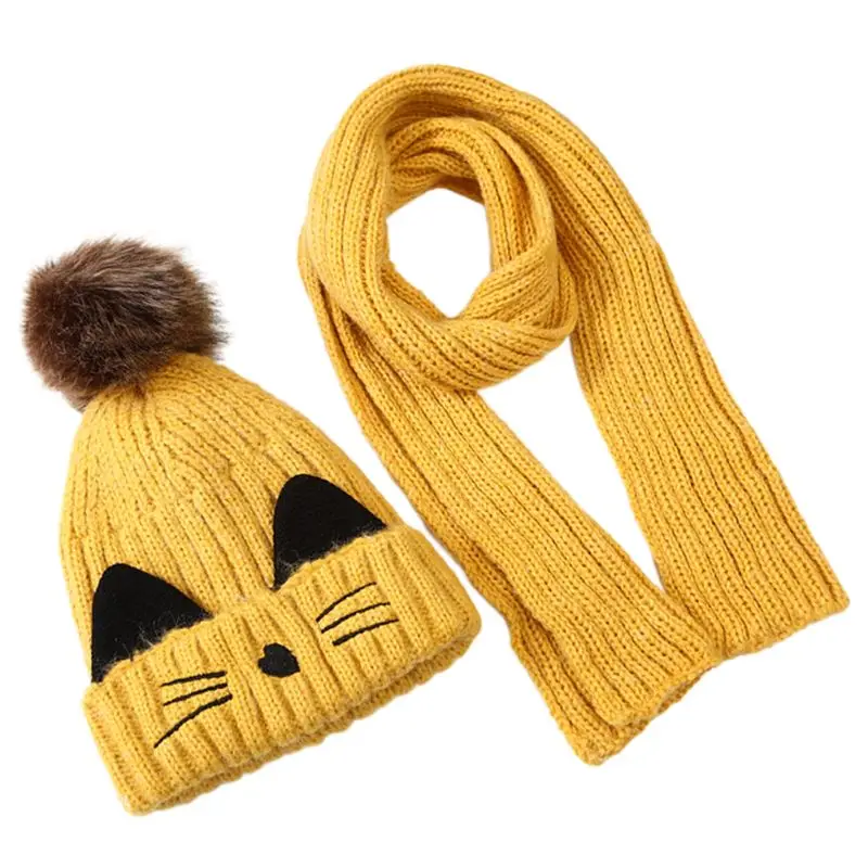 Детский шарф, вязаная шапка(комплект), Рисунок котенка, пушистый помпон, детская шапка, шаль - Цвет: 1