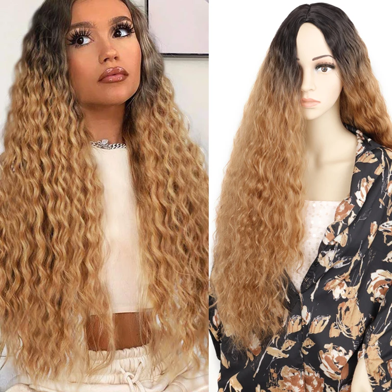 LING HANG-Peluca de cabello sintético para mujer afroamericana, cabellera artificial ondulado de 30 pulgadas, parte media, color marrón, negro y dorado, Cosplay Hai