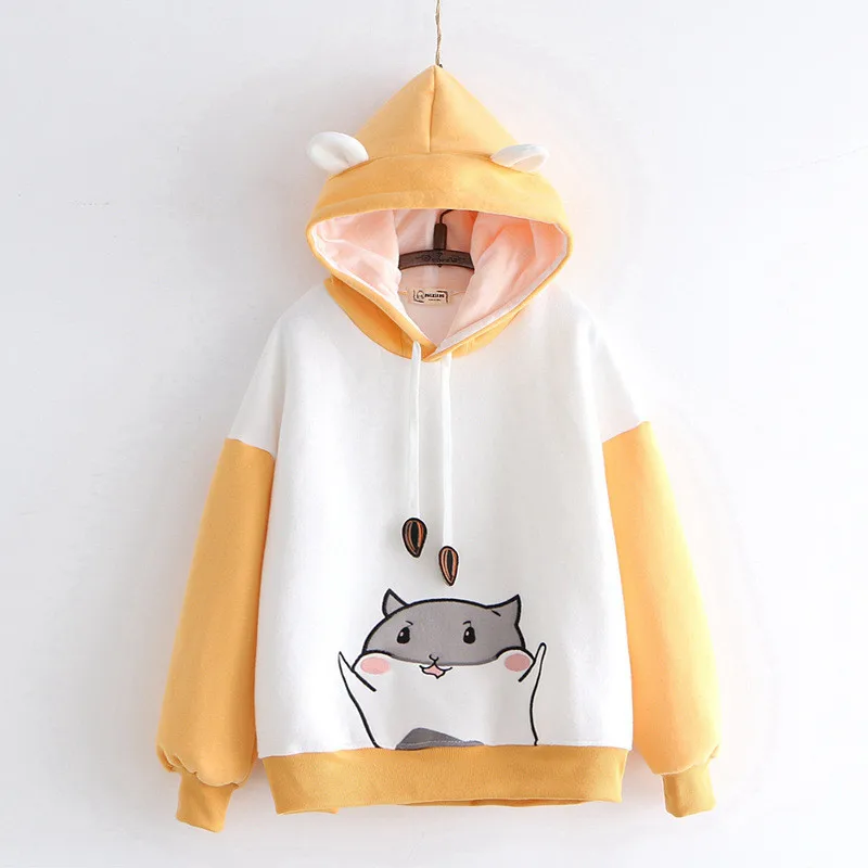 Осень Зима японский стиль Kawaii Теплые Кофты для женщин милый мультфильм Хомяк печати толстовки с капюшоном студентов Сладкий хит цвет Топы - Цвет: Цвет: желтый